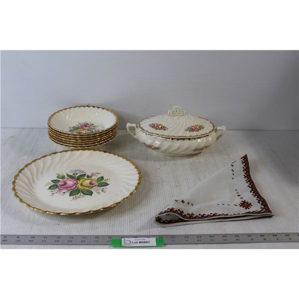 Quban Royal Plate, (7) Quban Royal Bowls, Quban Royal Soup Tureen, Patterned Tablecloth