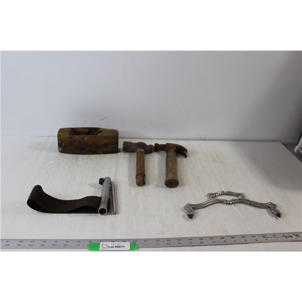 Dresser Handle, (2) Hammers, Wood Plane Part, John Deere Leather Strap on Metal???