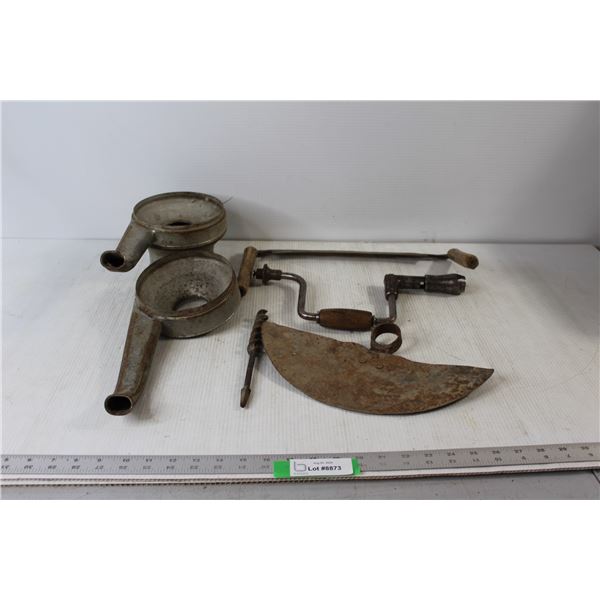 (2) Oil Pickup Tubes, Auger Bit, Ulu Blade Part, Draw Knife, Hand Drill