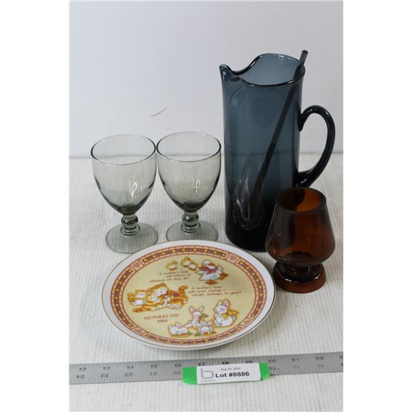 (3) Wine Glasses, Mother's Day Plate, Glass Pitcher
