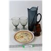 Image 1 : (3) Wine Glasses, Mother's Day Plate, Glass Pitcher