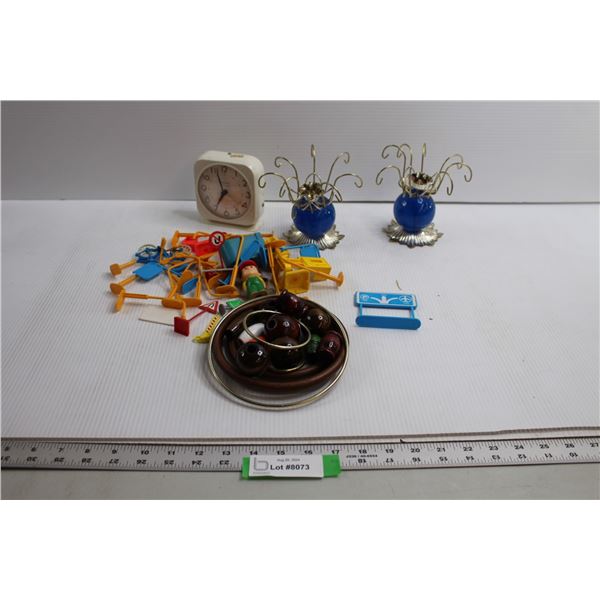 (2) Candleholders - As Is, Silver Bell Clock, Misc.