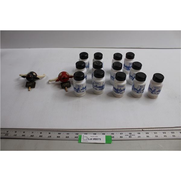 (13) Spice Bottles, Bull Salt and Pepper Signs