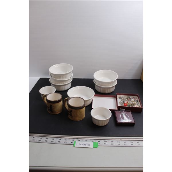 (6) M Corningware Ramekins and (2) Sm Ramekins, Glass Charms, (2) Mugs, Pewter Halifax Pendant