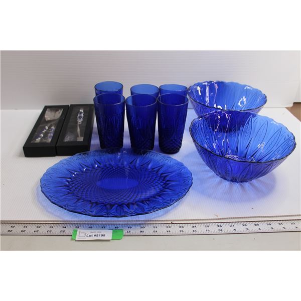 Blue Glass Tray, (2) Bowls, (6) Glasses, Salad Servers, and Pie Servers