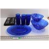 Image 1 : Blue Glass Tray, (2) Bowls, (6) Glasses, Salad Servers, and Pie Servers