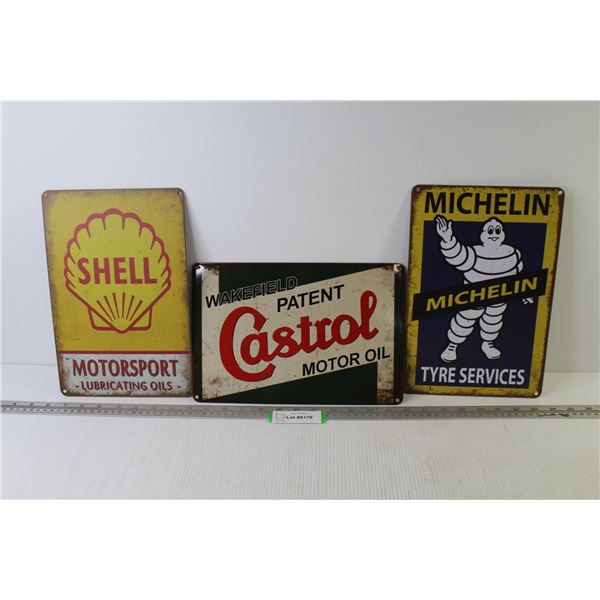 (3) Tin Signs - Michelin - Castrol - Shell (8" x 12")