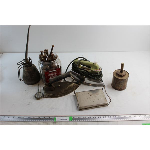 (2) Vintage Irons - Untested, Oiler, (10+) Nails 8'' and Misc.