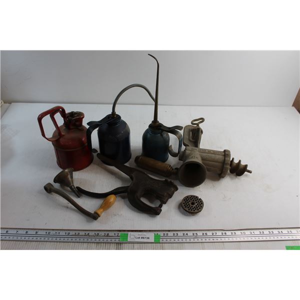 (3) Oil Cans, Meat Grinder and Misc. Items
