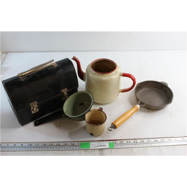 Lunch Box, Cast Iron Pan 7'', Cup, Pot and Tea Pot
