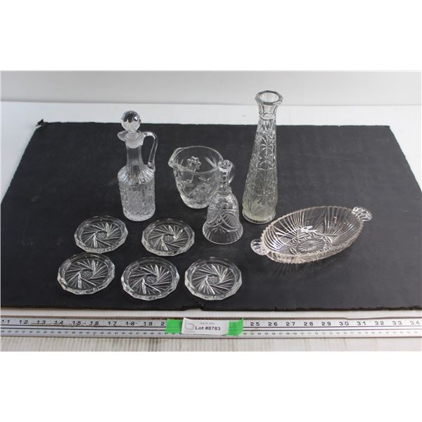 (10) Crystal Coaster, Vinegar Jug, Vase and Assorted Items