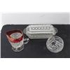 Image 3 : Cut Crystal Glass - Candle Holder, Candy Dish, Small Pitcher with Red Glass Top, Butter Dish