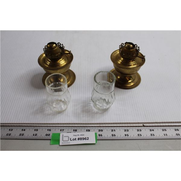 (2) Brass and Glass Mini Oil Lamps