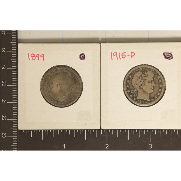 1899 & 1915-D VERY GOOD SILVER BARBER QUARTERS