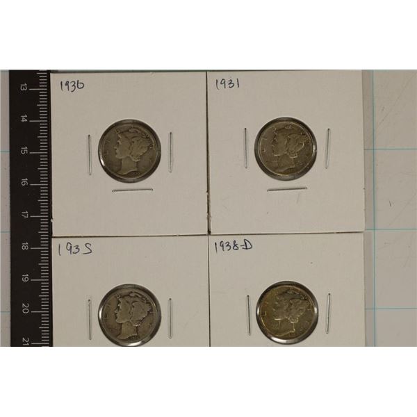 1930, 1931, 1935 &  1938-D SILVER MERCURY DIMES