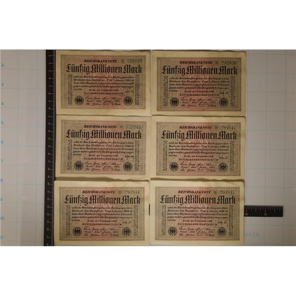 6-1924 GERMAN 50 MILLION MARK BILLS 5-CU & 1-AU
