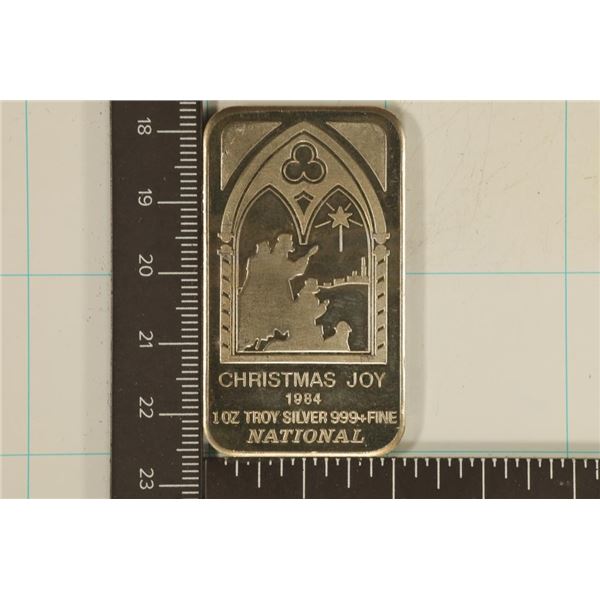 1 TROY OZ .999 FINE SILVER INGOT: 1984 CHRISTMAS
