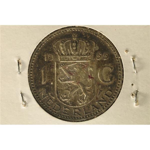 1955 NETHERLANDS SILVER 1 GULDEN .1505 OZ. ASW