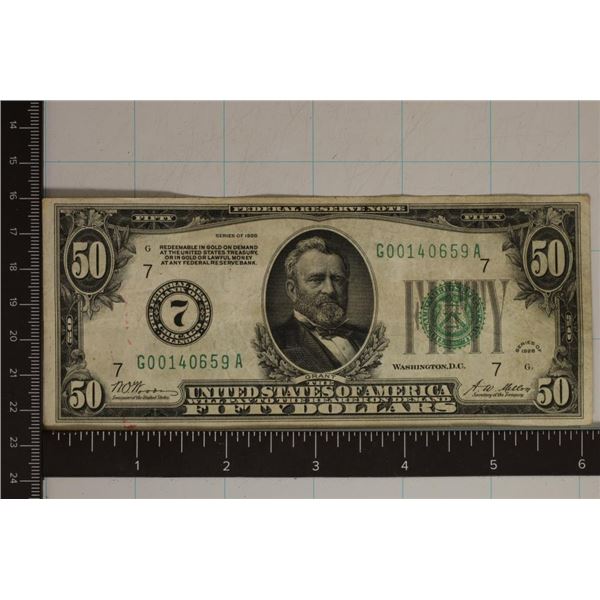 1928-G US $50 FRN REDEEMABLE IN GOLD ON DEMAND