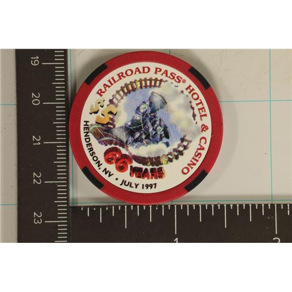 $5 RAILROAD PASS CASINO CHIP. HENDERSON, NEVADA