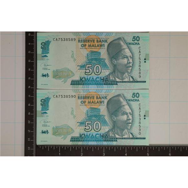 2-BANK OF MALAWI 50 KWACHA CU COLORIZED BILLS