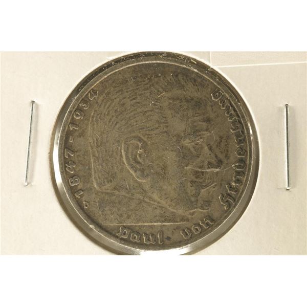 1936-D GERMAN SILVER 5 MARK .4016 OZ. ASW