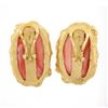 Image 5 : Large 14K Gold Oval Cabochon Coral w/ Diamond Textured Freeform Frame Earrings