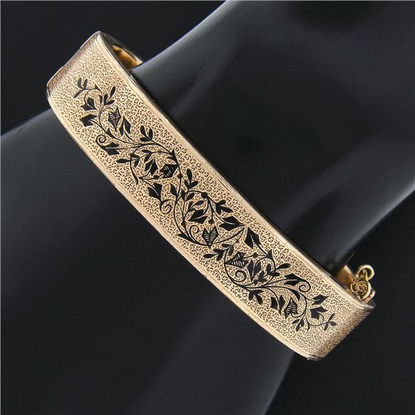Antique Victorian 14k Gold Black Enamel Textured Wide Mourning Bangle Bracelet