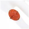 Image 3 : Antique 10k Yellow Gold Detailed Oval Carved Orange Coral Cameo Solitaire Ring