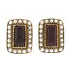 Vintage 14K Yellow Gold Cabochon Garnet w/ Seed Pearl Halo Rectangular Earrings