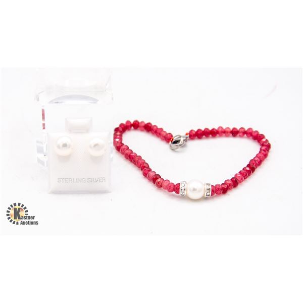 #09- NATURAL RED JADE ,PEARL ,BRACELET & EARRINGS