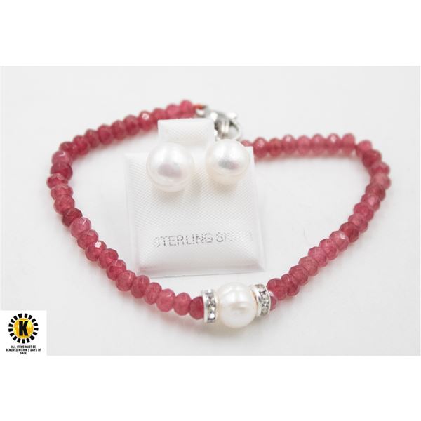 #08- NATURAL RED JADE ,PEARL ,BRACELET & EARRINGS
