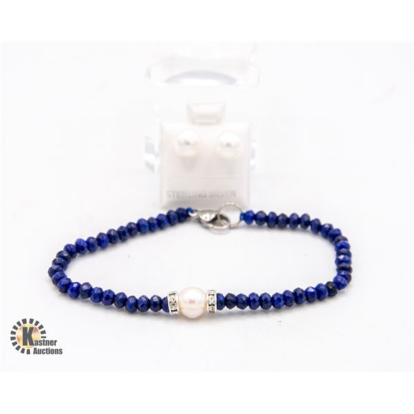 #18- NATURAL DARK  BLUE JADE  ,PEARL ,BRACELET ,EA