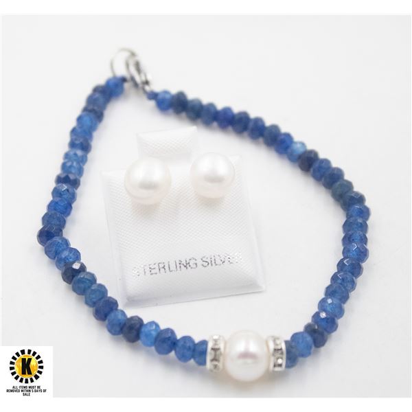 #11- NATURAL BLUE JADE  ,PEARL ,BRACELET & EARRING