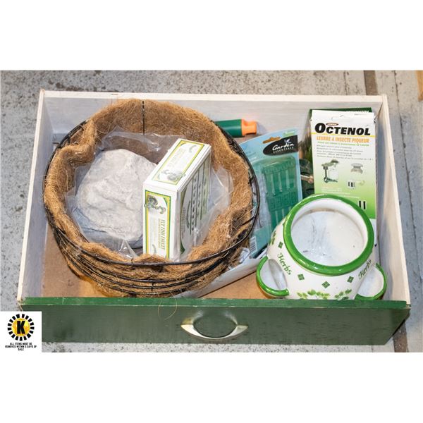 BOX OF GARDENING SUPPLIES WITH NEW BRASS FAUCET
