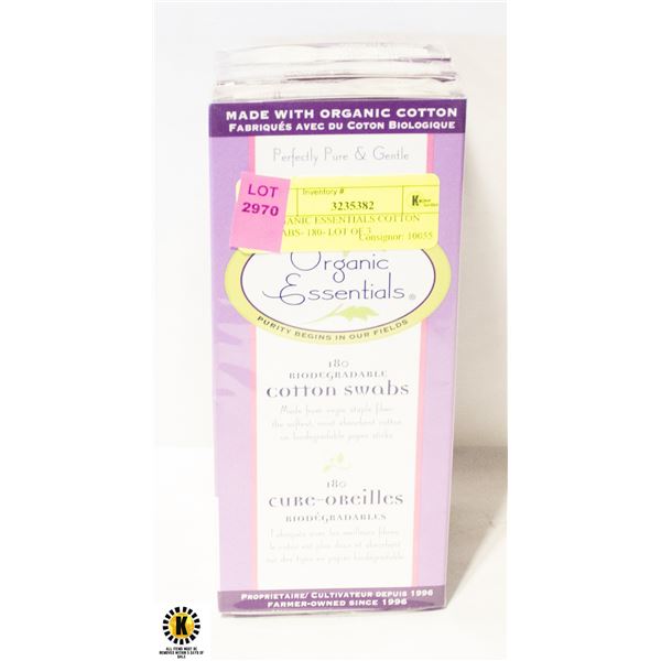 ORGANIC ESSENTIALS COTTON SWABS- 180- LOT OF 3
