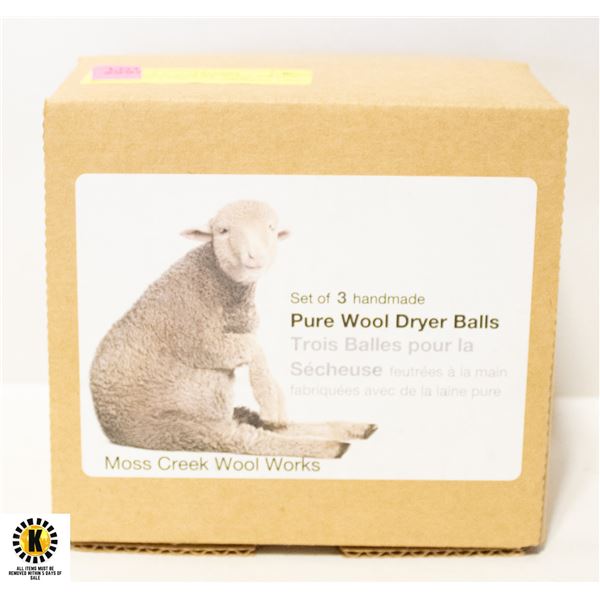 HANDMADE PURE WOOL DRYER BALLS- 3 PER BOX- NEW