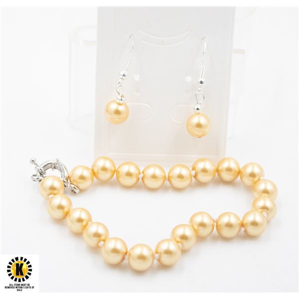 #28-SEA SHELL PEARL BRACELET 7.5"& EARRINGS