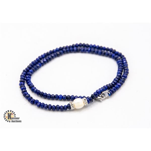 #15- NATURAL DARK BLUE JADE ,PEARL  NECKLACE 18"