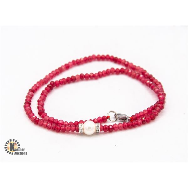 #05- NATURAL RED JADE ,PEARL  NECKLACE 18"