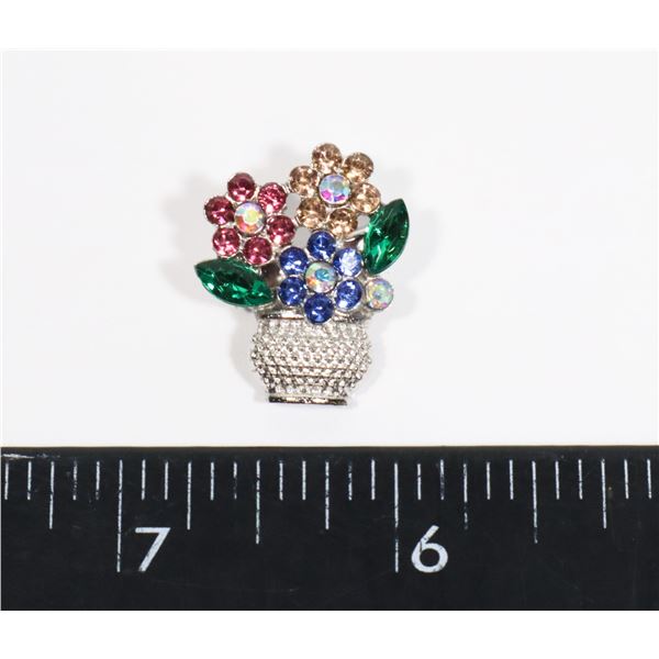 NEW SILVER TONE DAINTY RHINESTONE FLOWER POT