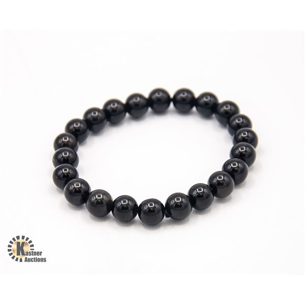 #167- NATURAL BLACK OBSIDIAN BEAD BRACELET 7.5"