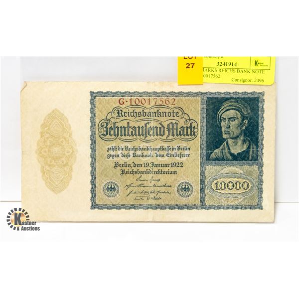 10,000 MARKS REICHS BANK NOTE 1922 G.10017562