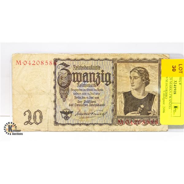 3RD REICH 20 MARKS ZWANZIG BERLIN 1939 M.04208588Q