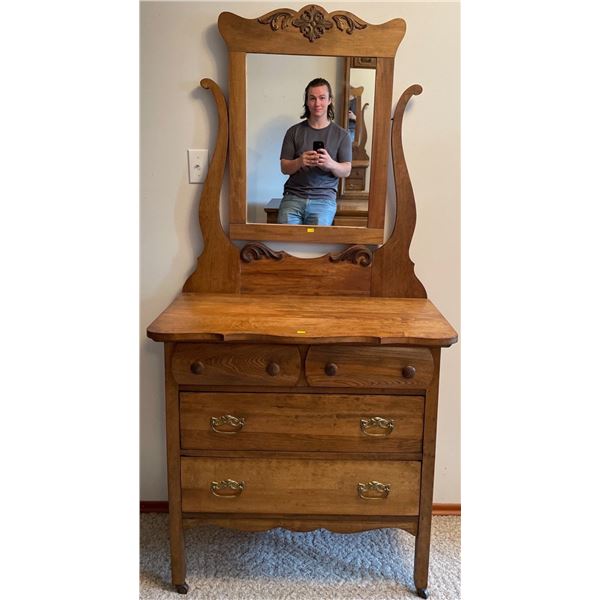 Stunning Antique Chest Of Drawers w/ Mirror 33x20x70 Solid Wood