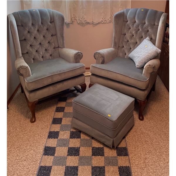 Pair of Velvet Wingback Accent Chairs w/ Ottoman & Decorative Rug