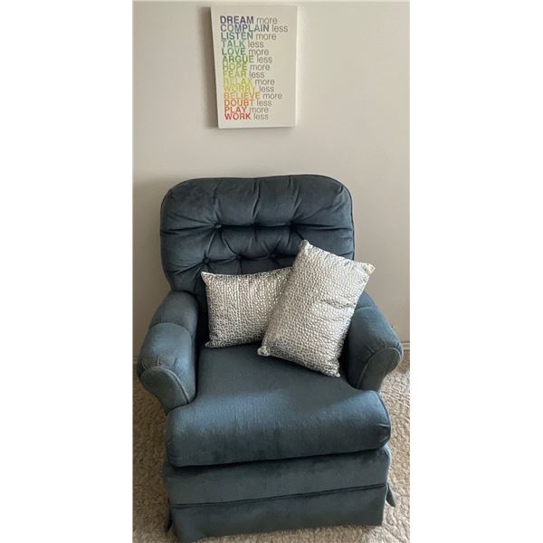 Vintage Upholstered Rocking Chair w/ Decorative Pillows & Art on Canvas