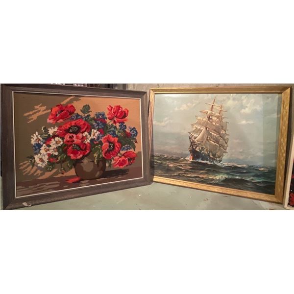 34x26 Large Vintage Murals Embroidered Florals & Oil Paint on Board