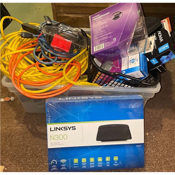 Hefty Box Full of New Extension Cords Cables Adaptors Testers & More