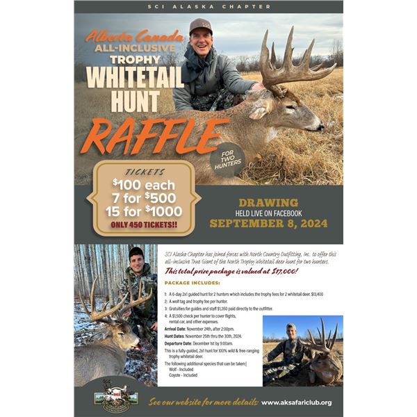 2024 Alberta All-Inclusive Trophy Whitetail Deer Hunt Raffle for 2 Hunters. Sale Ends Sept. 1st